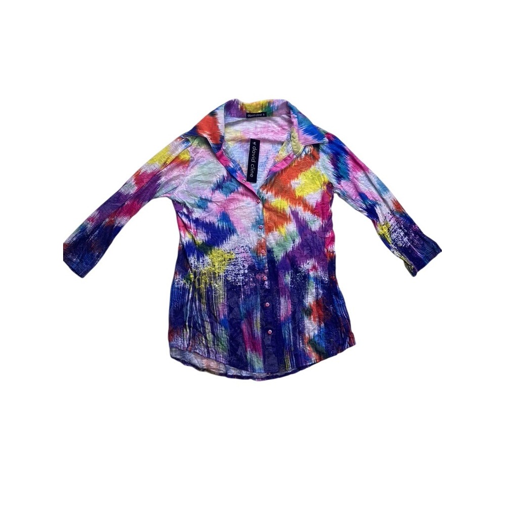 David Cline Button Down Shirt Womens Small Multicolor Fiesta Abstract Slub Top
